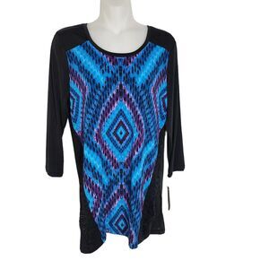 Laura Ashley Womens Tunic Top Small Diamond Geometric Print Lace Trim 3/4 Sleeve